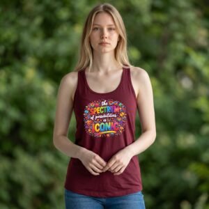 Graphic t-shirt featuring a colorful autism awareness design with the phrase about the spectrum of possibilities being iconic