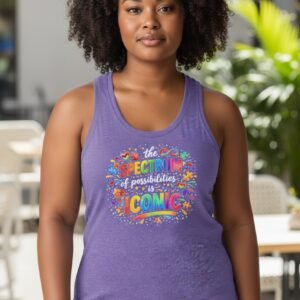 Graphic t-shirt featuring a colorful autism awareness design with the phrase about the spectrum of possibilities being iconic