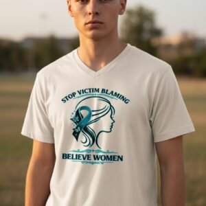 Graphic t-shirt featuring a ribbon and silhouette design with a message supporting women and promoting awareness