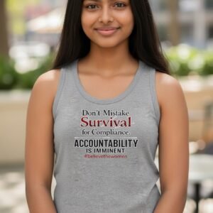 Graphic t-shirt featuring bold typography with a message about survival, compliance, and accountability