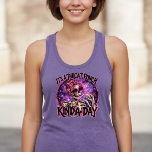 Graphic t-shirt featuring a skeleton with a sarcastic “throat punch kinda day” quote in a bold, vibrant design