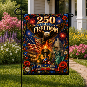 Sublimated patriotic garden flag featuring “250 Years of Freedom” with eagle and Americana artwork displayed outdoors.