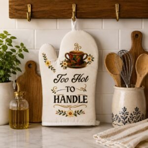 Tea-themed sublimated oven mitt with “Too Hot to Handle” design hanging in a cozy kitchen setting.