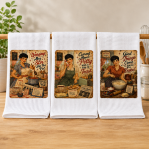 Set of three retro-inspired waffle weave kitchen tea towels featuring playful baking and kitchen-themed sublimated designs.