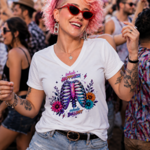 Graphic t-shirt featuring vibrant floral artwork, rib cage illustration, and playful motivational quote design.