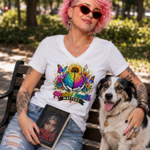 Graphic t-shirt featuring colorful mental health awareness artwork with floral details and inspirational text.
