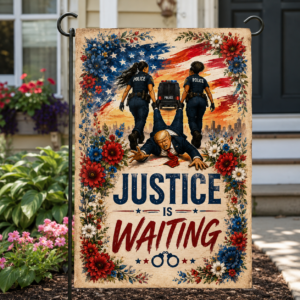 Political satire sublimated garden flag with justice-themed patriotic artwork displayed on a garden stand outdoors.