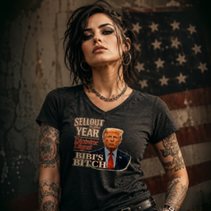 Graphic t-shirt featuring bold political satire artwork with illustrated portrait and statement typography.