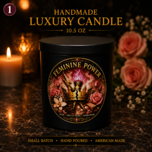 Handmade Feminine Power intention candle with ritual card and waterproof matches.