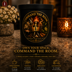 Handmade Command the Room intention candle with ritual card and glass vial matches.