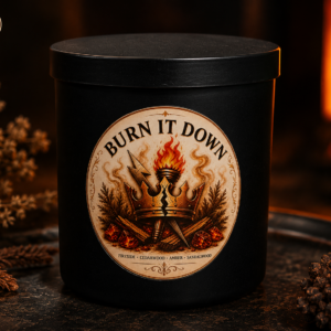 Handmade Burn It Down intention candle with ritual card and glass vial matches.