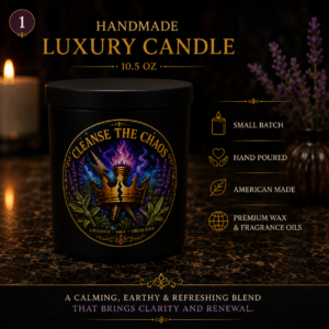 Handmade Cleanse the Chaos luxury candle with lavender, sage, and fresh rain fragrance notes.