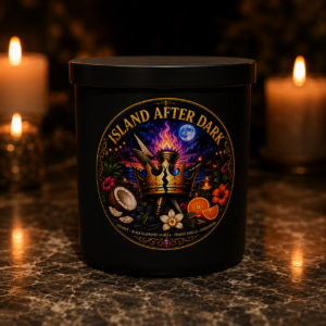 Handmade Island After Dark intention candle with ritual card and waterproof matches.
