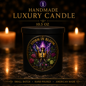 Handmade Storm in Bloom intention candle with ritual card and waterproof matches.