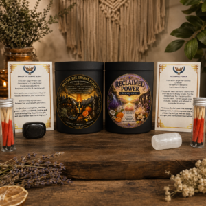 Handmade dual intention candle set with ritual cards, crystals, and waterproof matches.