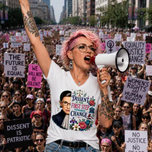 Graphic t-shirt featuring “Dissent Is the First Step Towards Change” typography with illustrated justice-themed artwork and floral details.