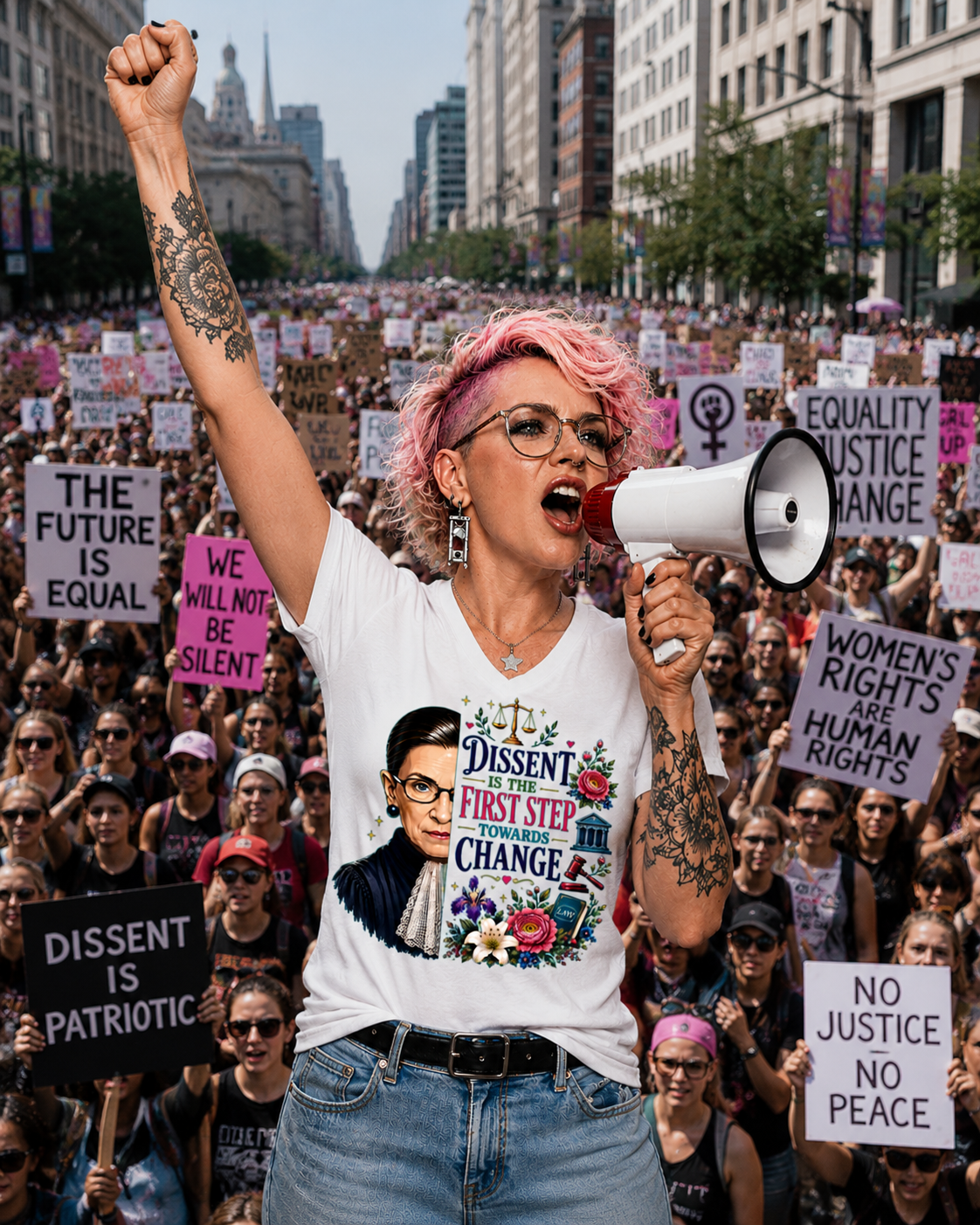 ChatGPT Image May 22, 2026 at 11_17_23 AM Graphic t-shirt featuring “Dissent Is the First Step Towards Change” typography with illustrated justice-themed artwork and floral details.