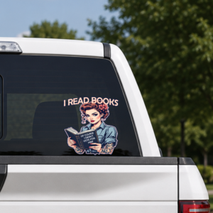 Political humor sticker featuring a reader holding a book with a literary-themed satirical message.