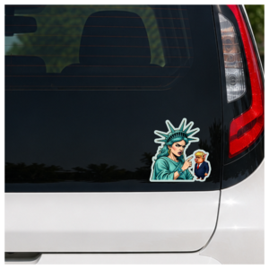 Political satire sticker featuring Lady Liberty confronting a caricatured political figure.