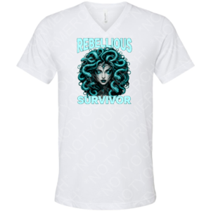 Graphic t-shirt featuring a detailed Medusa-inspired illustration with the words “Rebellious Survivor.”