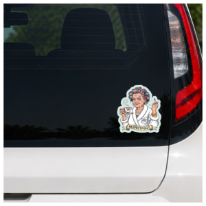 Funny political humor sticker featuring a grandmother drinking tea with a sarcastic "Respectfully!" message.