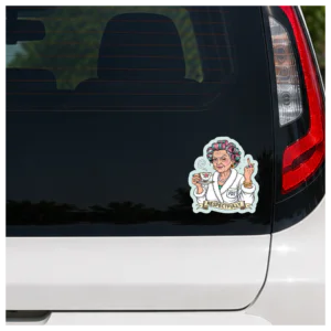 Funny political humor sticker featuring a grandmother drinking tea with a sarcastic "Respectfully!" message.