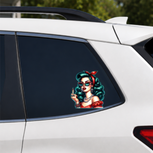 Retro pin-up style political humor sticker featuring a glamorous character making a bold gesture.