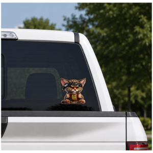 Funny grumpy cat sticker holding a mug with a sarcastic political message.