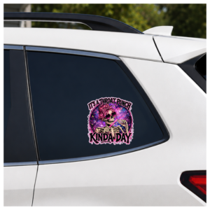 Funny skeleton vinyl sticker featuring the phrase "It's a Throat Punch Kinda Day."
