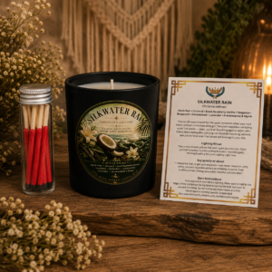 Hand-poured Silkwater Rain collaboration candle with intention card and glass vial matches.