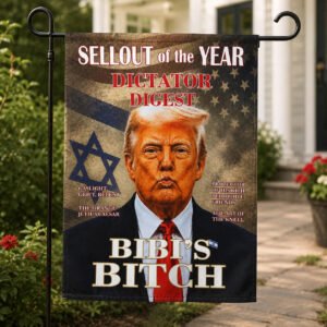 Political satire sublimated garden flag with magazine-style parody artwork displayed outdoors on a garden stand.