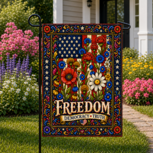 Sublimated patriotic garden flag with floral Americana artwork and “Freedom Democracy Truth” message displayed outdoors.