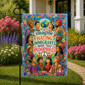 Sublimated activist garden flag with multicultural artwork and inclusion-themed statement displayed outdoors.