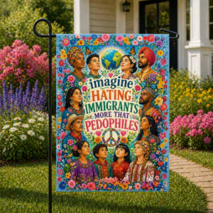 Sublimated activist garden flag with multicultural artwork and inclusion-themed statement displayed outdoors.