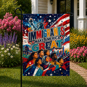 Sublimated patriotic garden flag featuring “Immigrants Make America Great” artwork displayed outdoors.