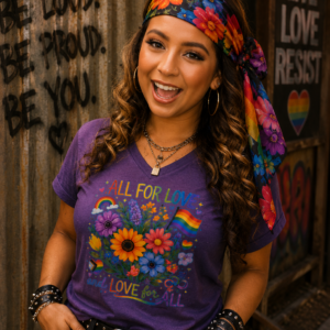 Floral Pride-themed t-shirt featuring the phrase "All for Love and Love for All" surrounded by decorative flowers and inclusive artwork.