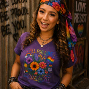 Floral Pride-themed t-shirt featuring the phrase "All for Love and Love for All" surrounded by decorative flowers and inclusive artwork.