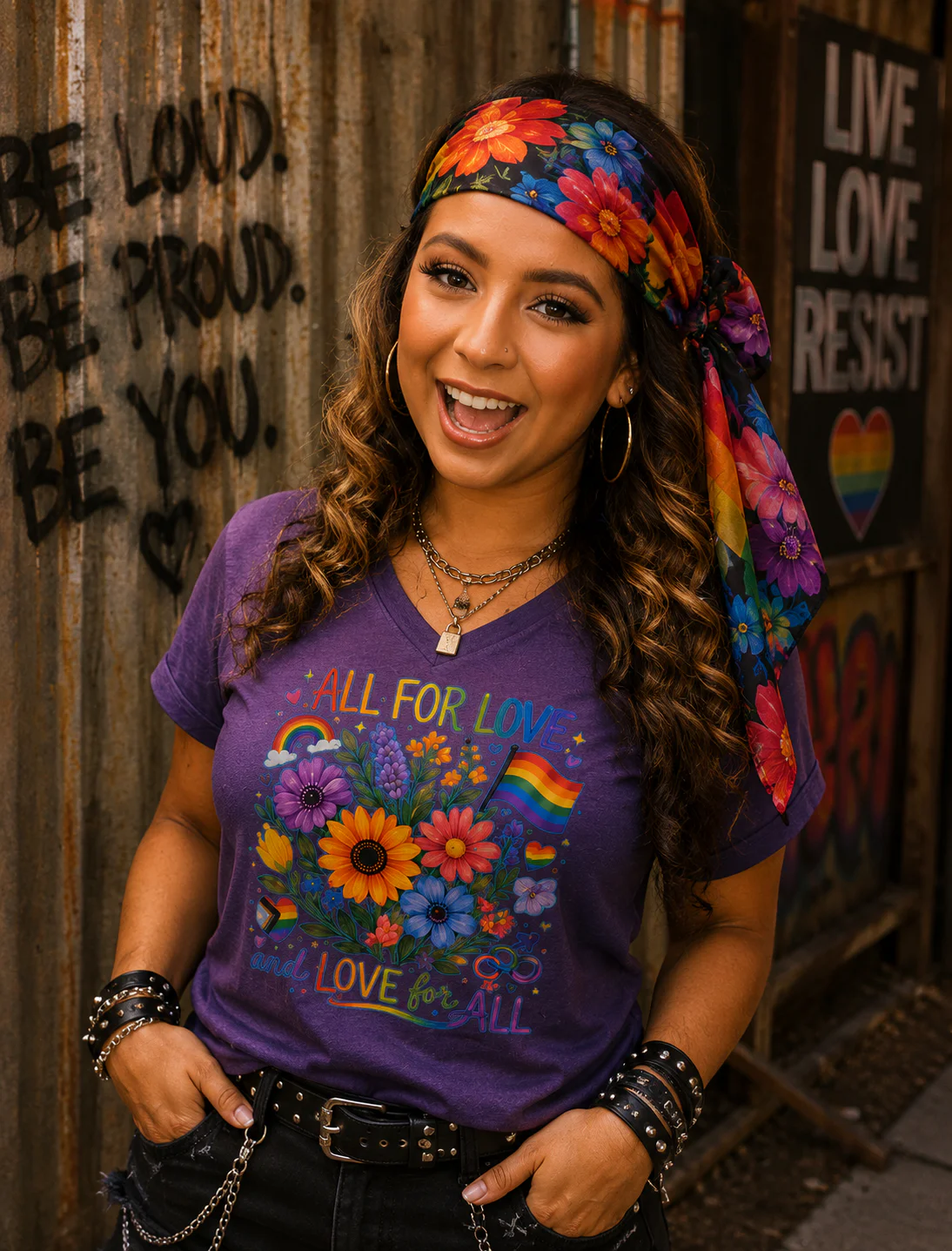 Floral Pride-themed t-shirt featuring the phrase "All for Love and Love for All" surrounded by decorative flowers and inclusive artwork.
