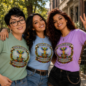 Truth Brew Crew Feminati Founding Member graphic t-shirt featuring a colorful phoenix rising from a steaming teacup with ornate decorative artwork.