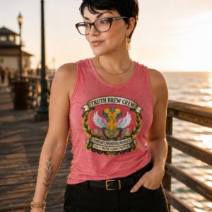 Graphic t-shirt featuring the Truth Brew Crew design with a phoenix rising from a teacup and decorative typography.