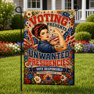 Garden flag featuring a voter awareness message with patriotic artwork and vintage-inspired illustration.