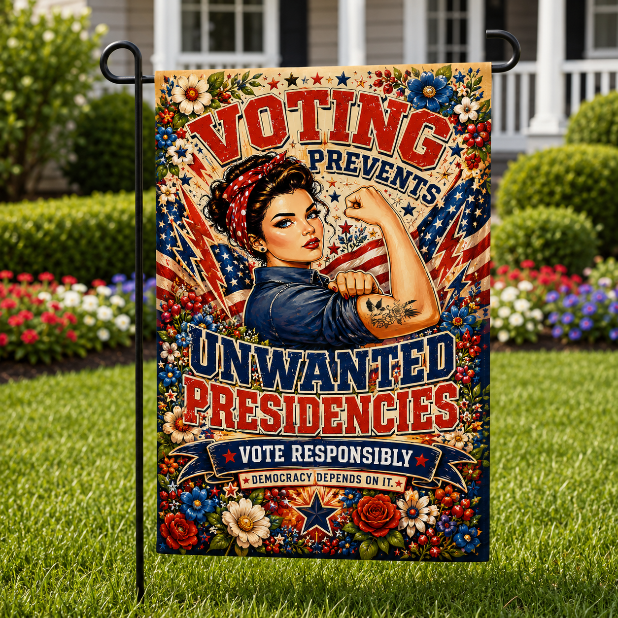 ChatGPT Image Jun 19, 2026, 03_44_18 PM Garden flag featuring a voter awareness message with patriotic artwork and vintage-inspired illustration.
