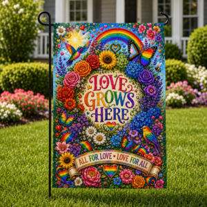Love Grows Here pride garden flag featuring floral artwork, rainbow-inspired elements, butterflies, and birds.