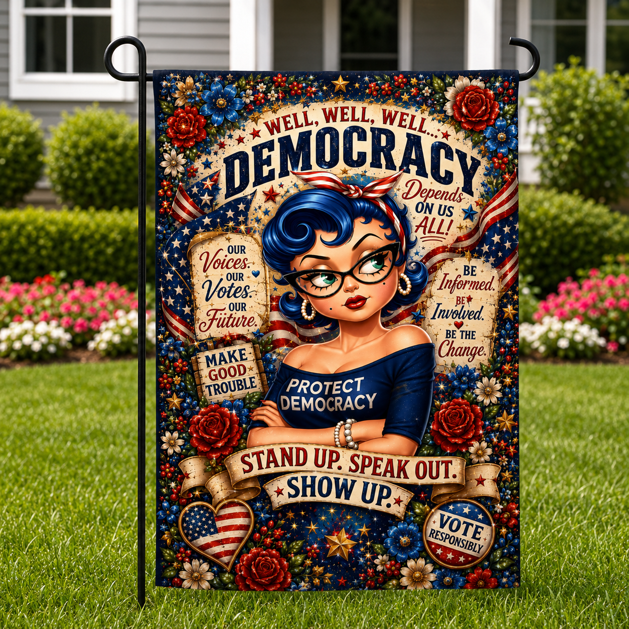 ChatGPT Image Jun 19, 2026, 03_44_34 PM Christina Talks Tea collaboration garden flag featuring democracy-themed artwork and civic engagement messaging.