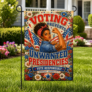 Voting Prevents Unwanted Presidencies AA Edition garden flag featuring patriotic artwork and a voter awareness message.