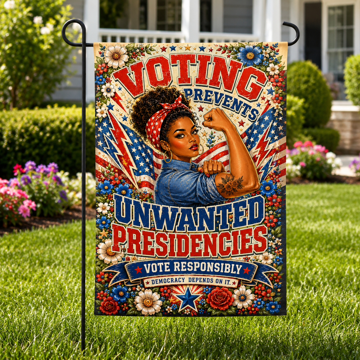 ChatGPT Image Jun 19, 2026, 03_44_40 PM Voting Prevents Unwanted Presidencies AA Edition garden flag featuring patriotic artwork and a voter awareness message.