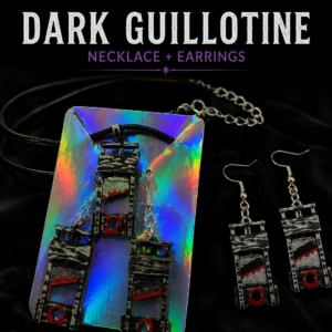 Dark Gray Guillotine jewelry set featuring a matching necklace and earrings with detailed gothic guillotine designs.
