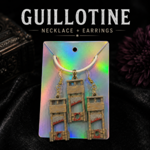 Gold Guillotine jewelry set featuring a matching necklace and earrings with detailed gothic guillotine designs.