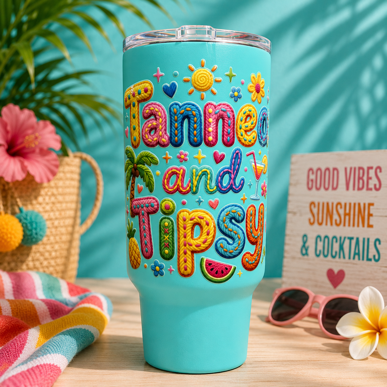 ChatGPT Image Jun 5, 2026, 01_30_12 PM 40oz tumbler featuring a Tanned and Tipsy UV DTF tropical design with vacation-themed artwork.
