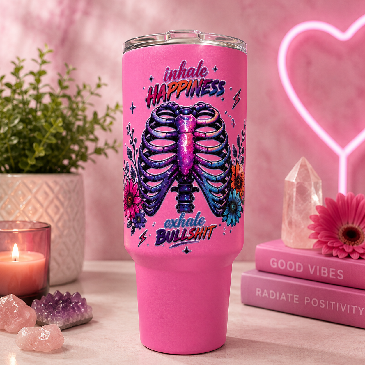 ChatGPT Image Jun 5, 2026, 10_52_05 AM 40oz tumbler featuring an Inhale Happiness Exhale Bullsh*t UV DTF design with anatomical-inspired artwork and floral accents.